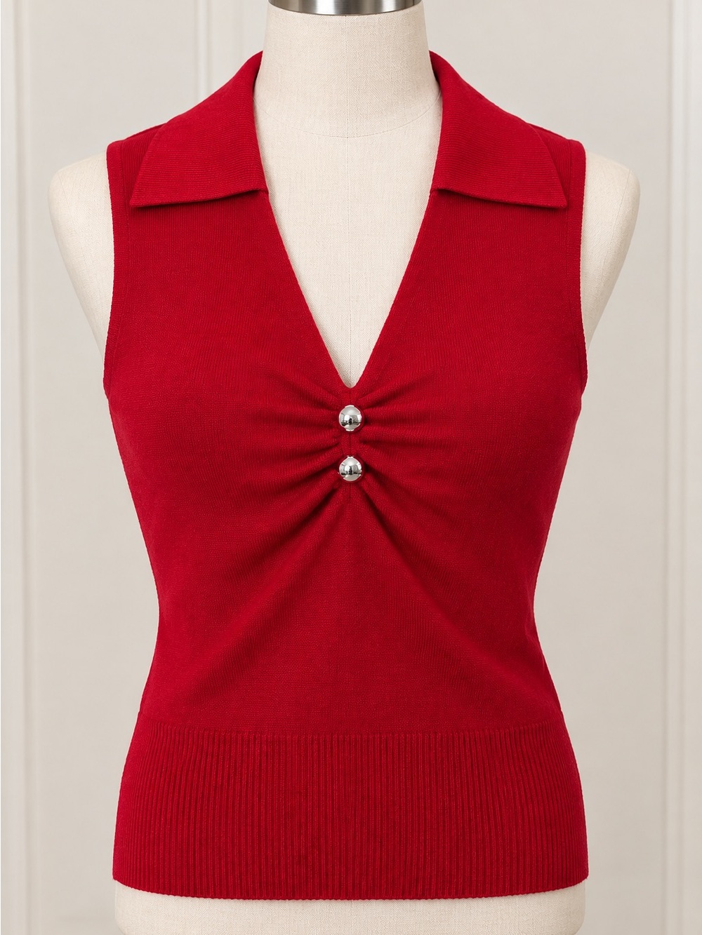 Red Sleeveless Collared V-Neck Knit Tank with Decorative Buttons